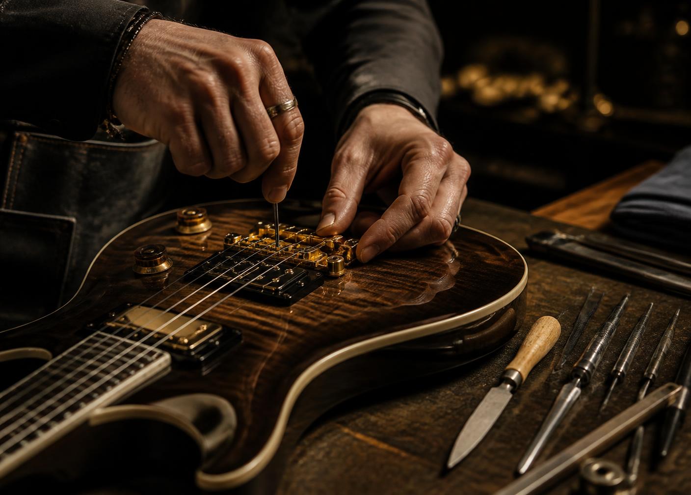 Luthier adjusting a guitar neck in the Northgate workshop